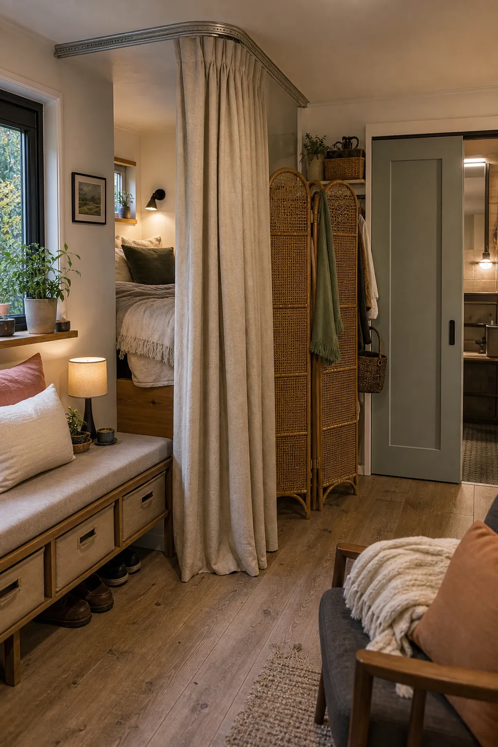 Tiny house interior with curtain divider, folding screen, and compact pocket door privacy ideas
