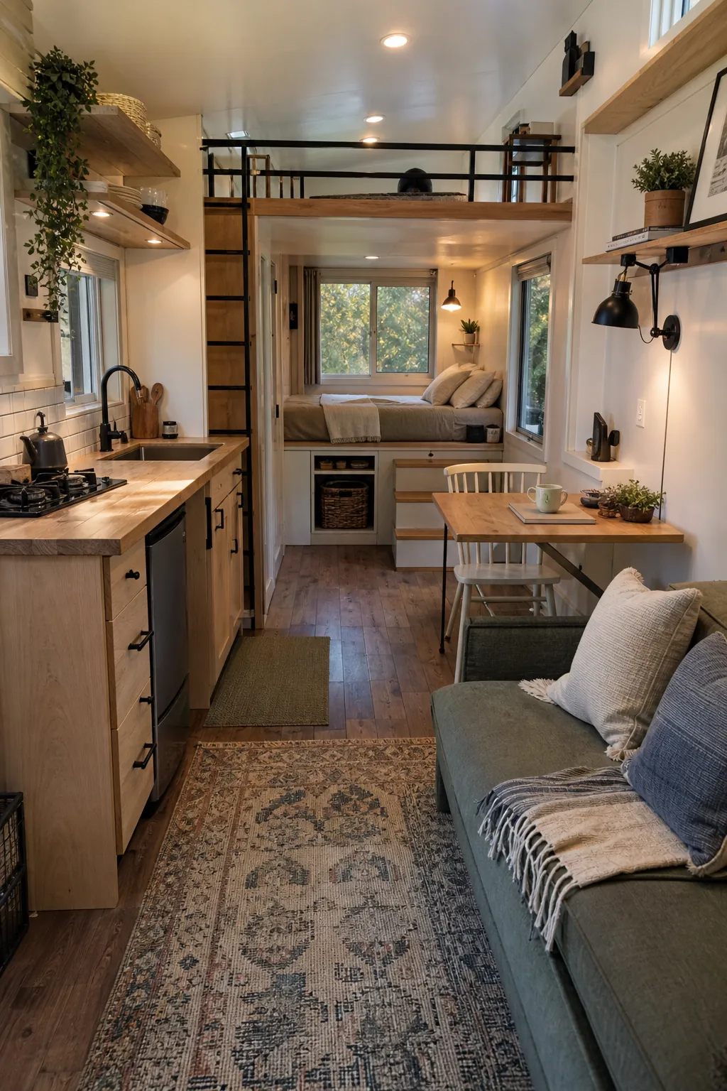 Tiny house interior with separate kitchen, lounge, work, and sleeping zones