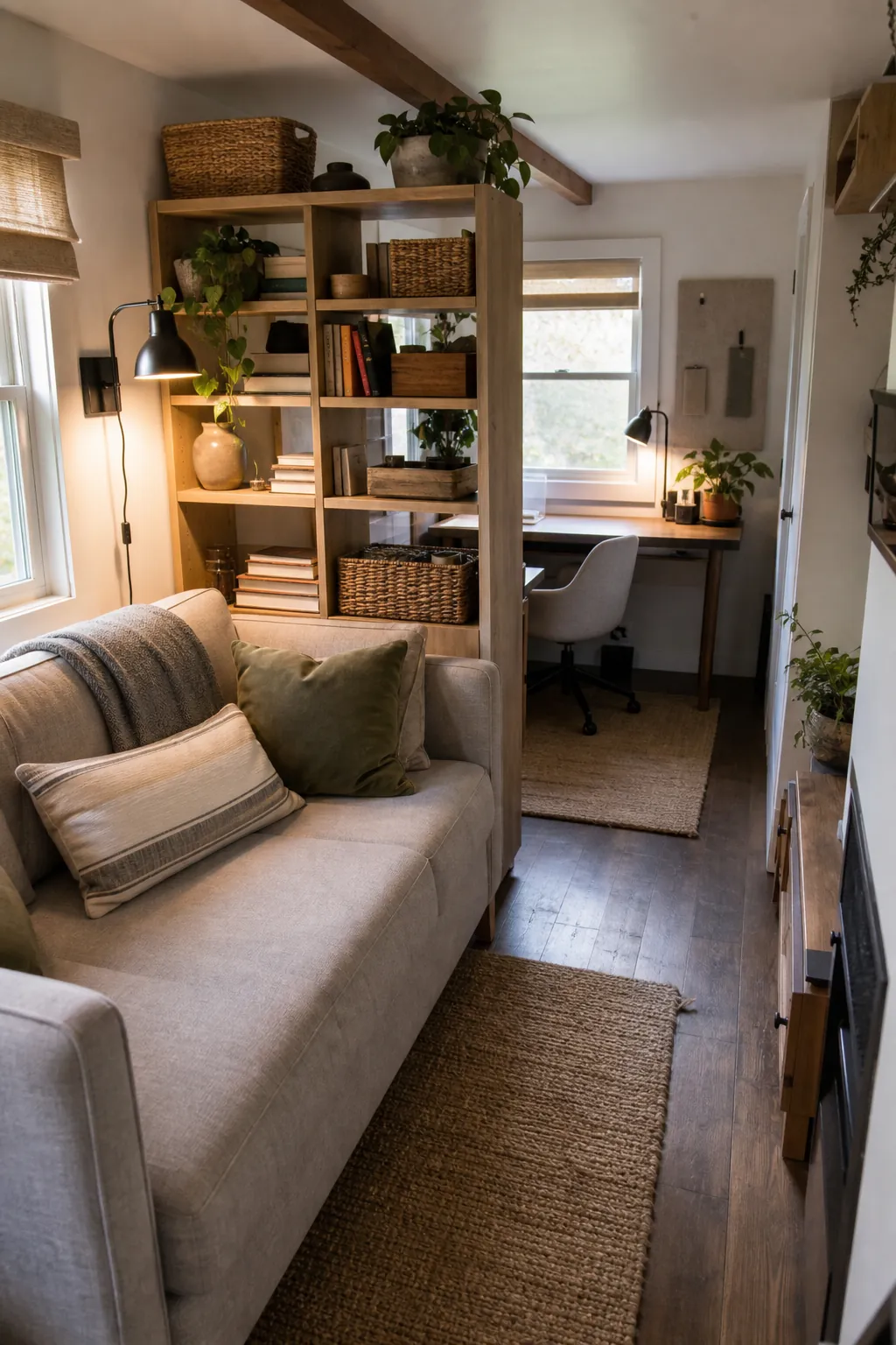 Tiny house living and work zones divided by sofa placement and an open bookcase