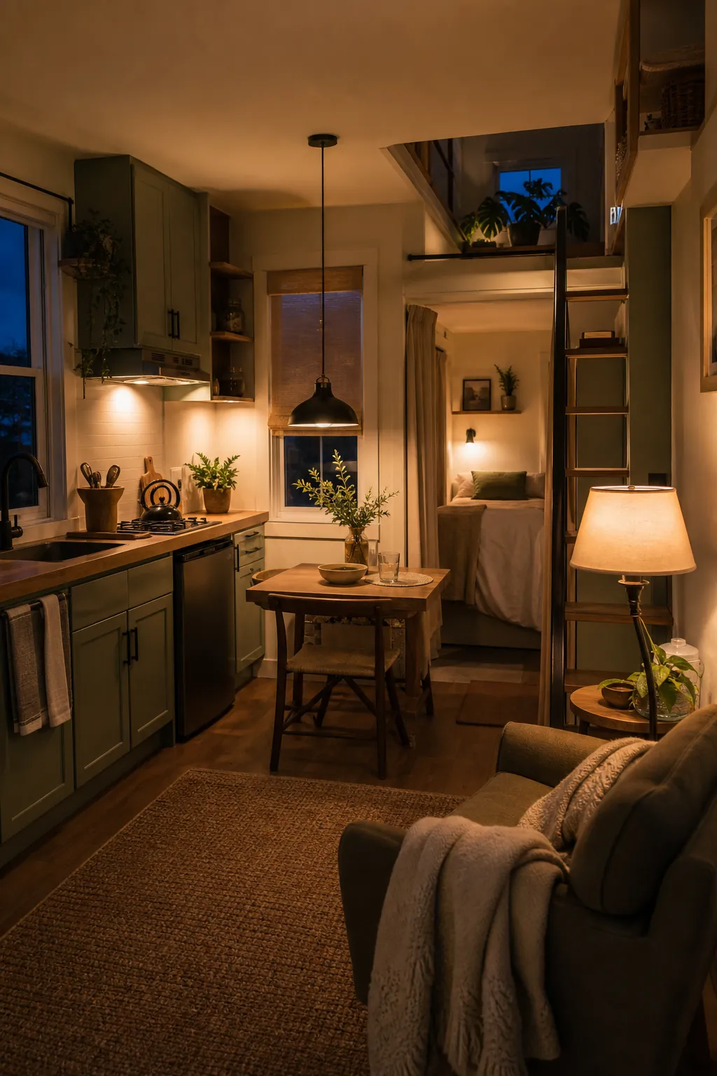 Tiny house interior with separate lighting zones for kitchen, dining, lounge, and sleeping areas