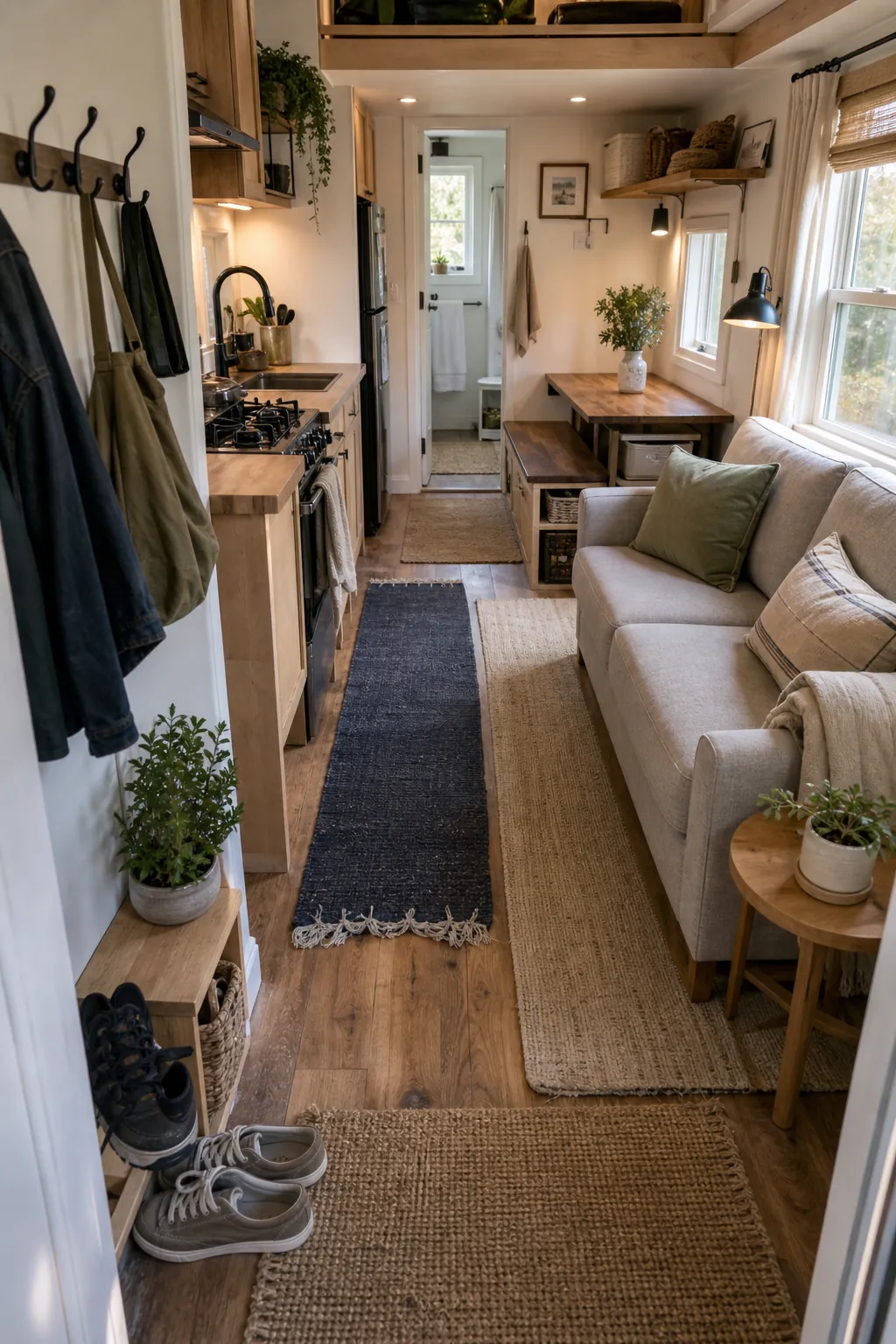 Tiny house zones arranged around a clear walkway with rugs and compact furniture