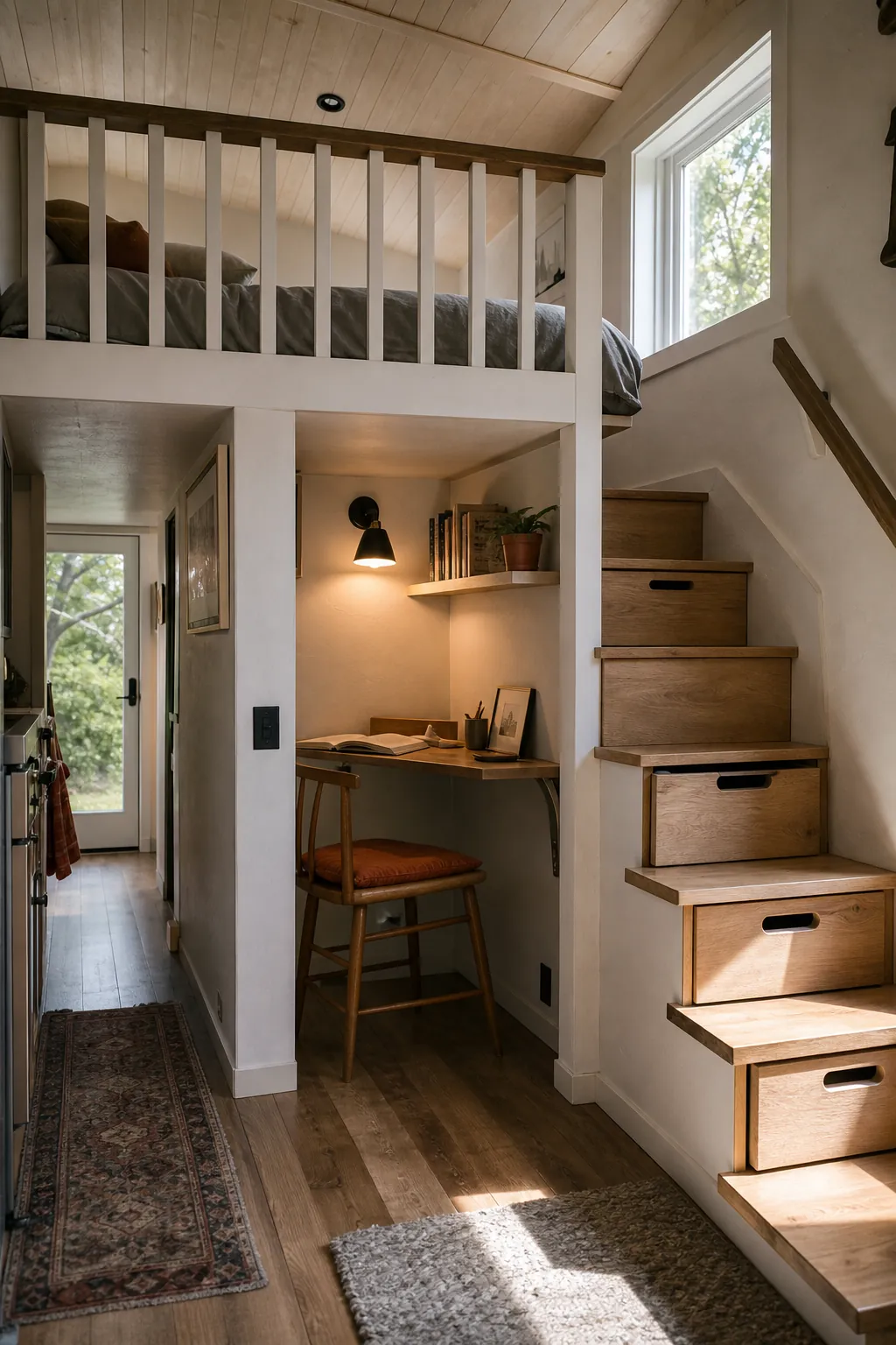 Tiny house loft and lower work nook creating separate vertical zones