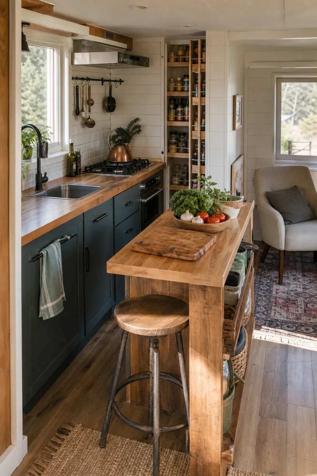 Compact tiny house kitchen peninsula creating a clear cooking zone beside the living area