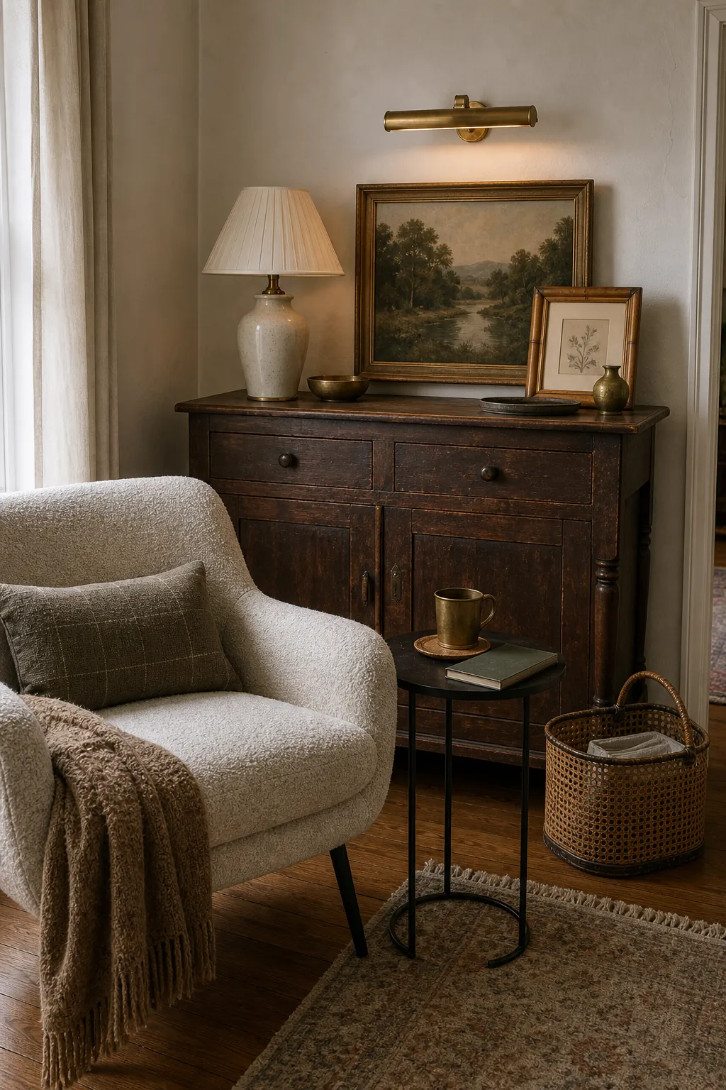 Modern lounge chair beside an old wood cabinet with repeated brass, cane, bamboo, and black accents