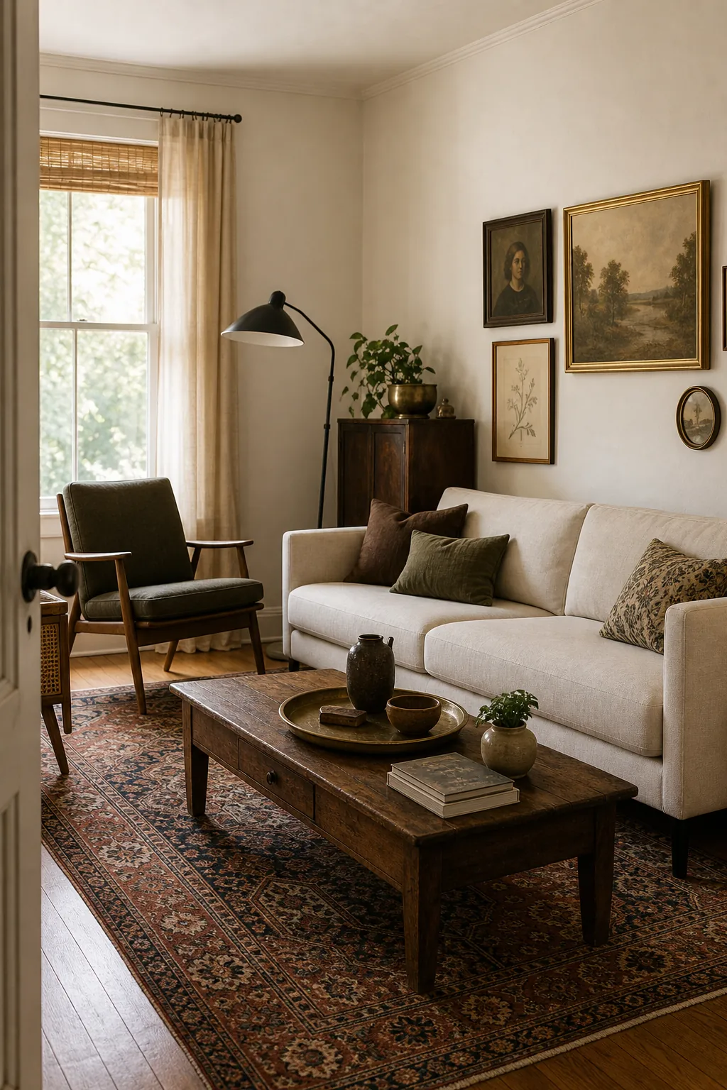 Warm living room mixing modern furniture with vintage rug, antique table, cane chair, and thrifted decor