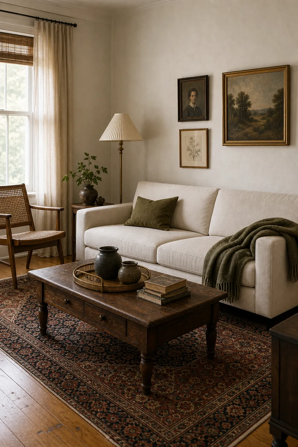 Modern cream sofa paired with an antique walnut coffee table, vintage rug, cane chair, and warm decor