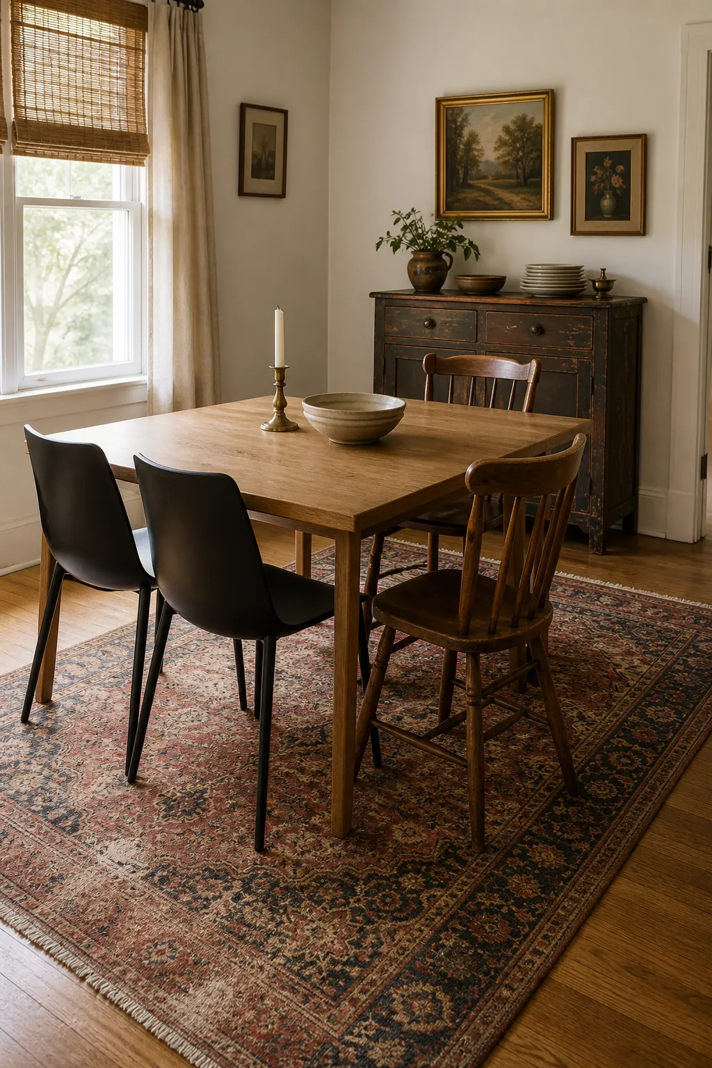 Vintage rug unifying a modern dining table, mixed chairs, antique cabinet, and thrifted art