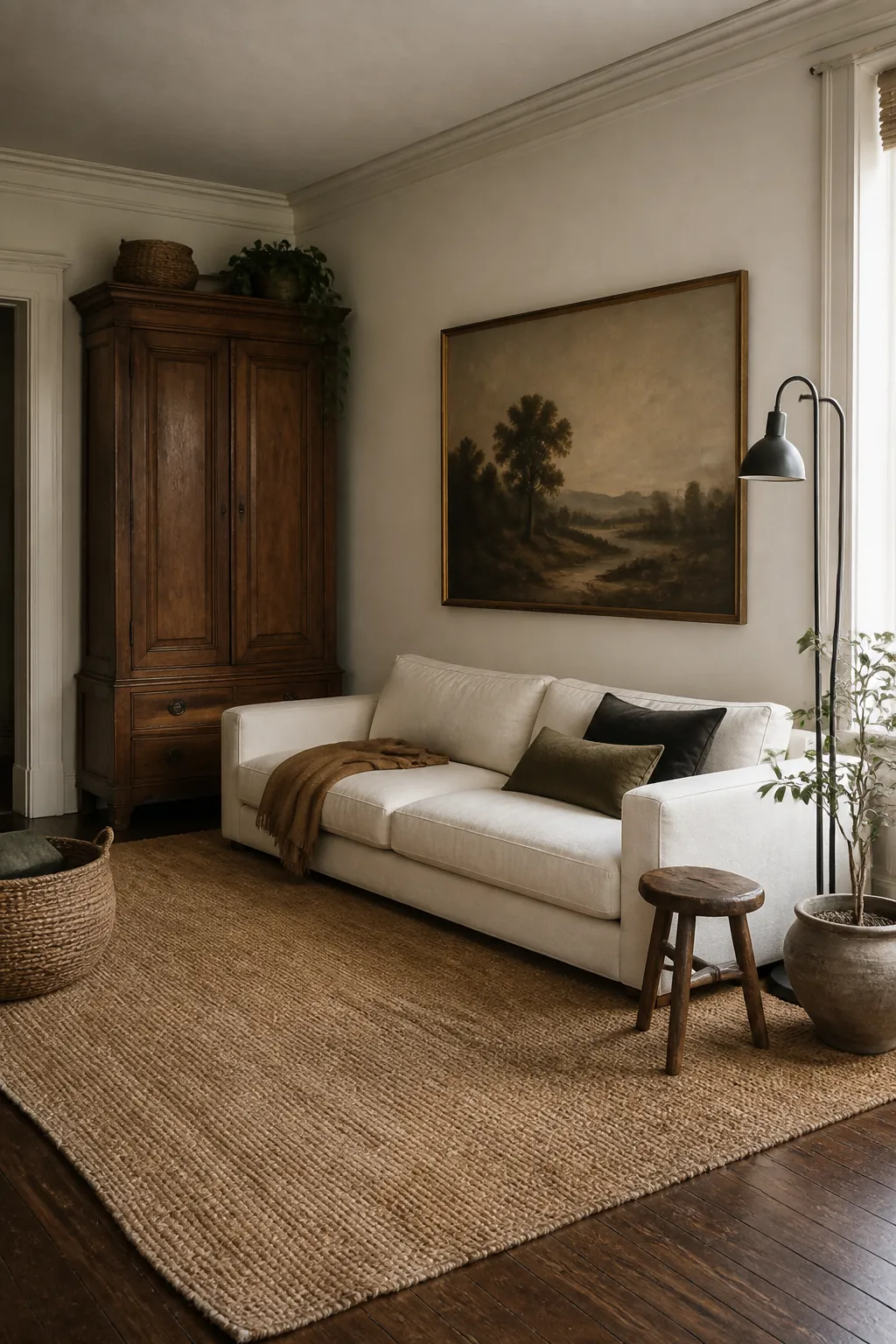 Low modern sofa balanced by a tall antique armoire, vintage stool, woven rug, and large old painting