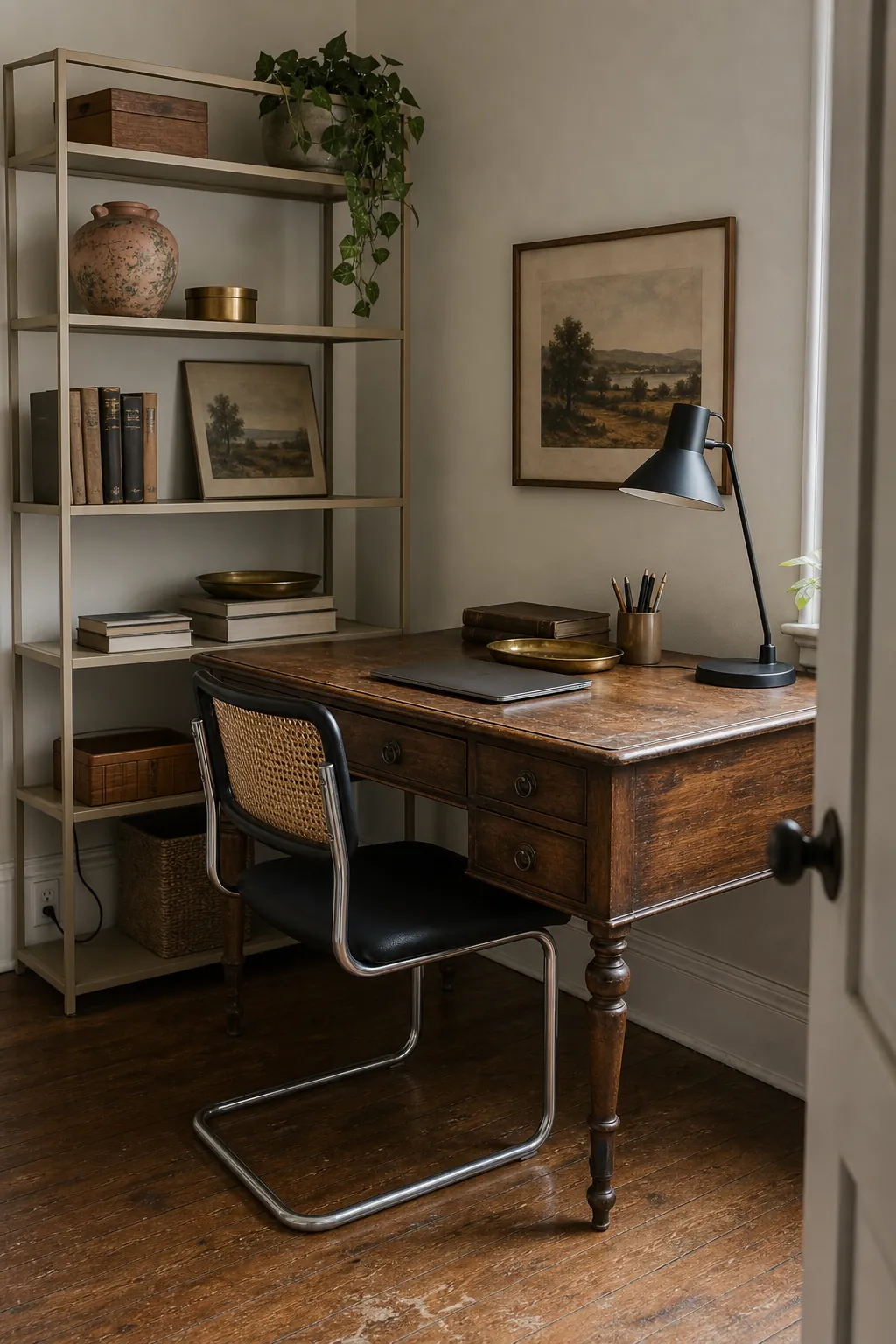 Edited home office with antique writing desk, modern chair, vintage books, brass tray, and bamboo box
