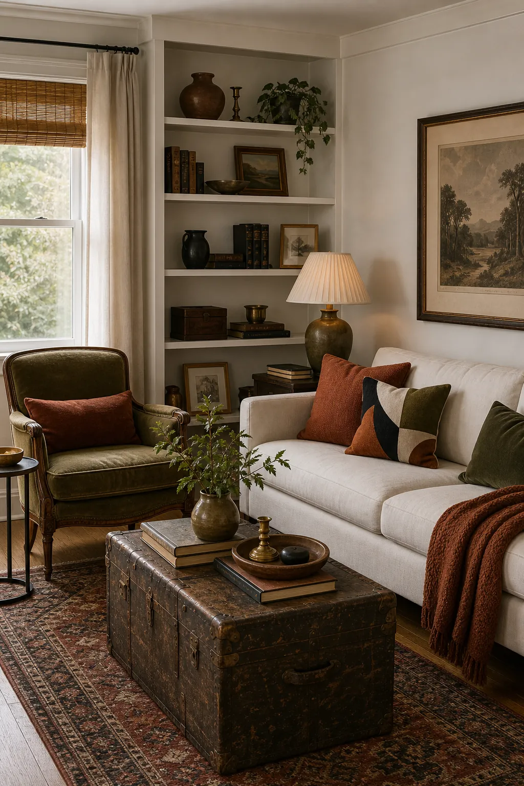 Eclectic living room mixing modern and vintage pieces through a shared cream rust olive and walnut palette