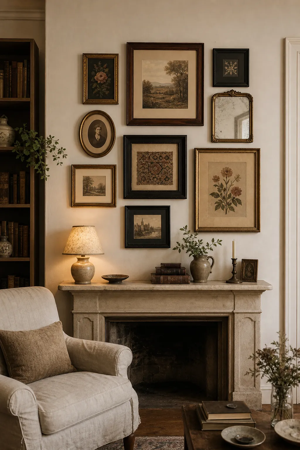 Warm vintage gallery wall above a mantel with aged frames and collected wall art