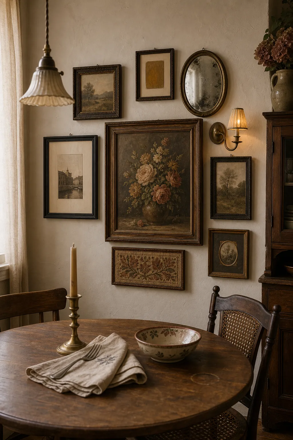 Warm dining nook vintage gallery wall with ochre olive brass and aged wood tones