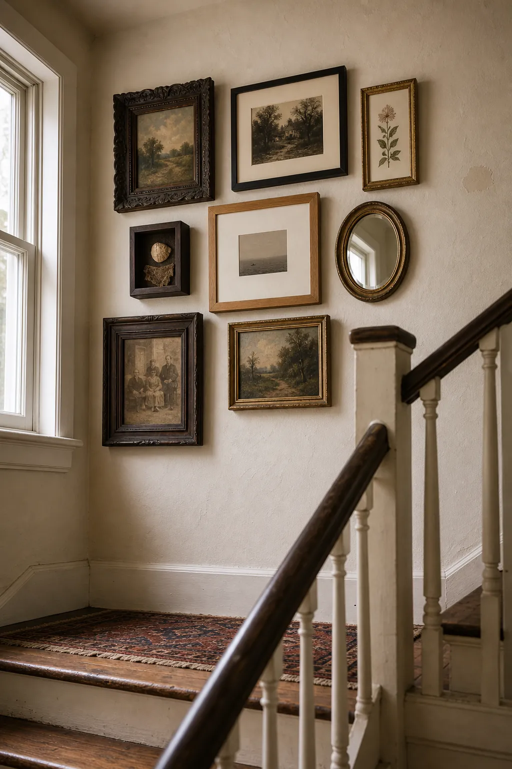 Stair landing vintage frame wall mixing antique thrifted and simple modern pieces