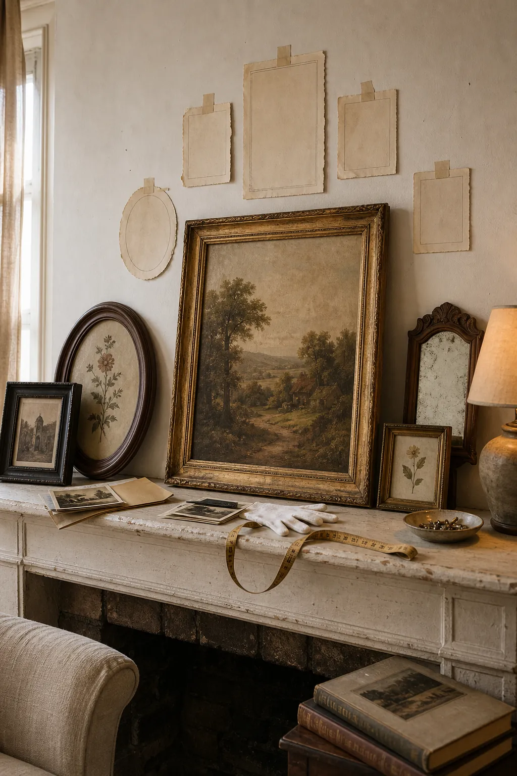 Aged gold landscape frame anchoring a vintage gallery wall plan above a mantel