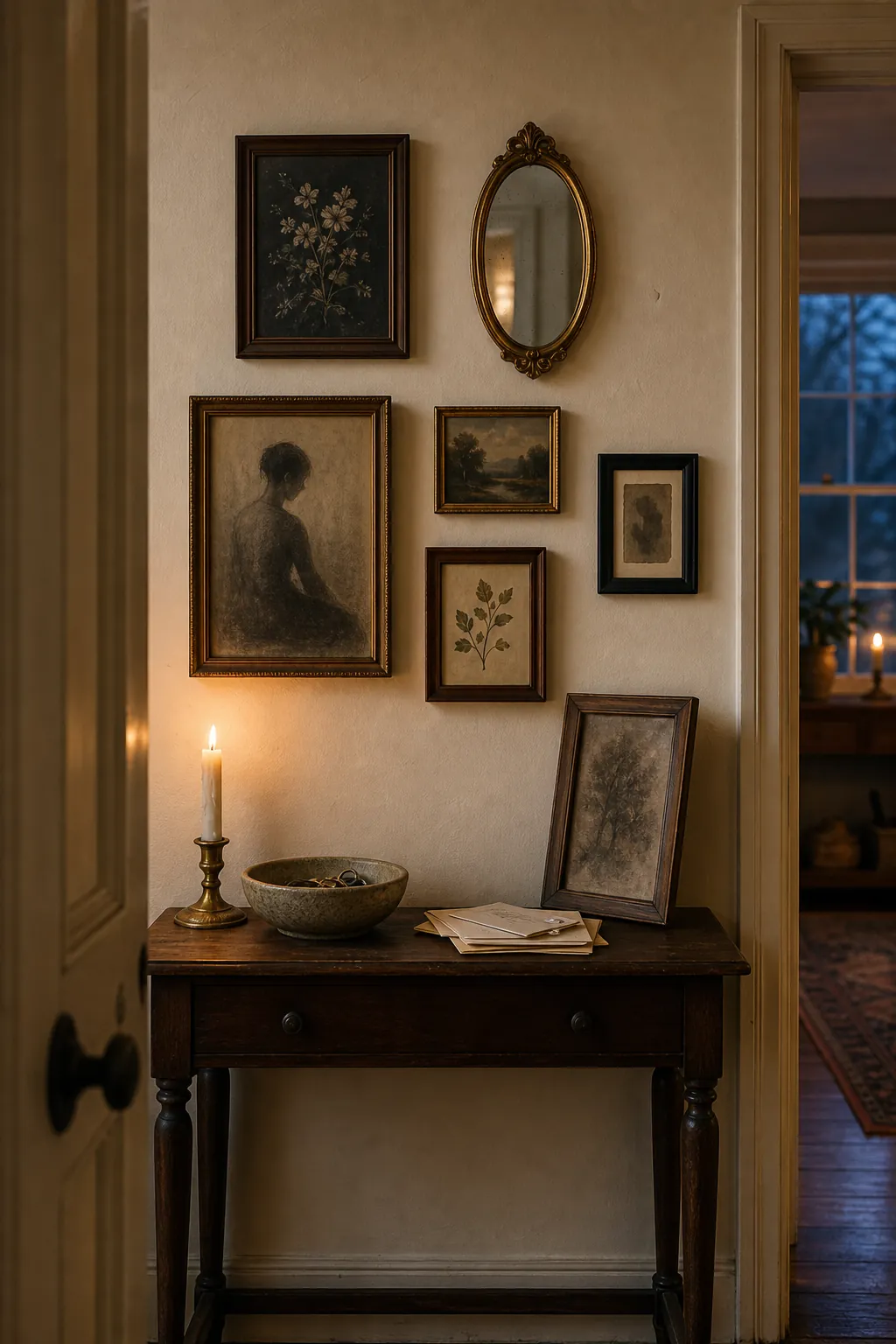 Edited vintage gallery wall above an entry console with candlelight and breathing room