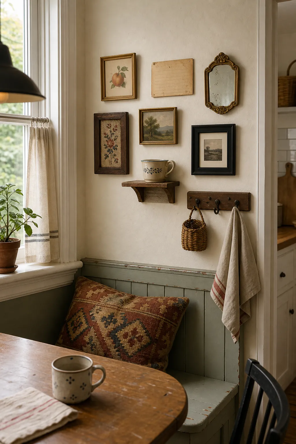 Compact kitchen nook gallery wall using small vintage finds without clutter