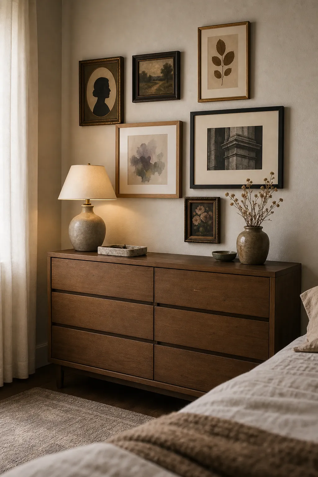 Vintage gallery wall above a clean modern bedroom dresser with warm decor