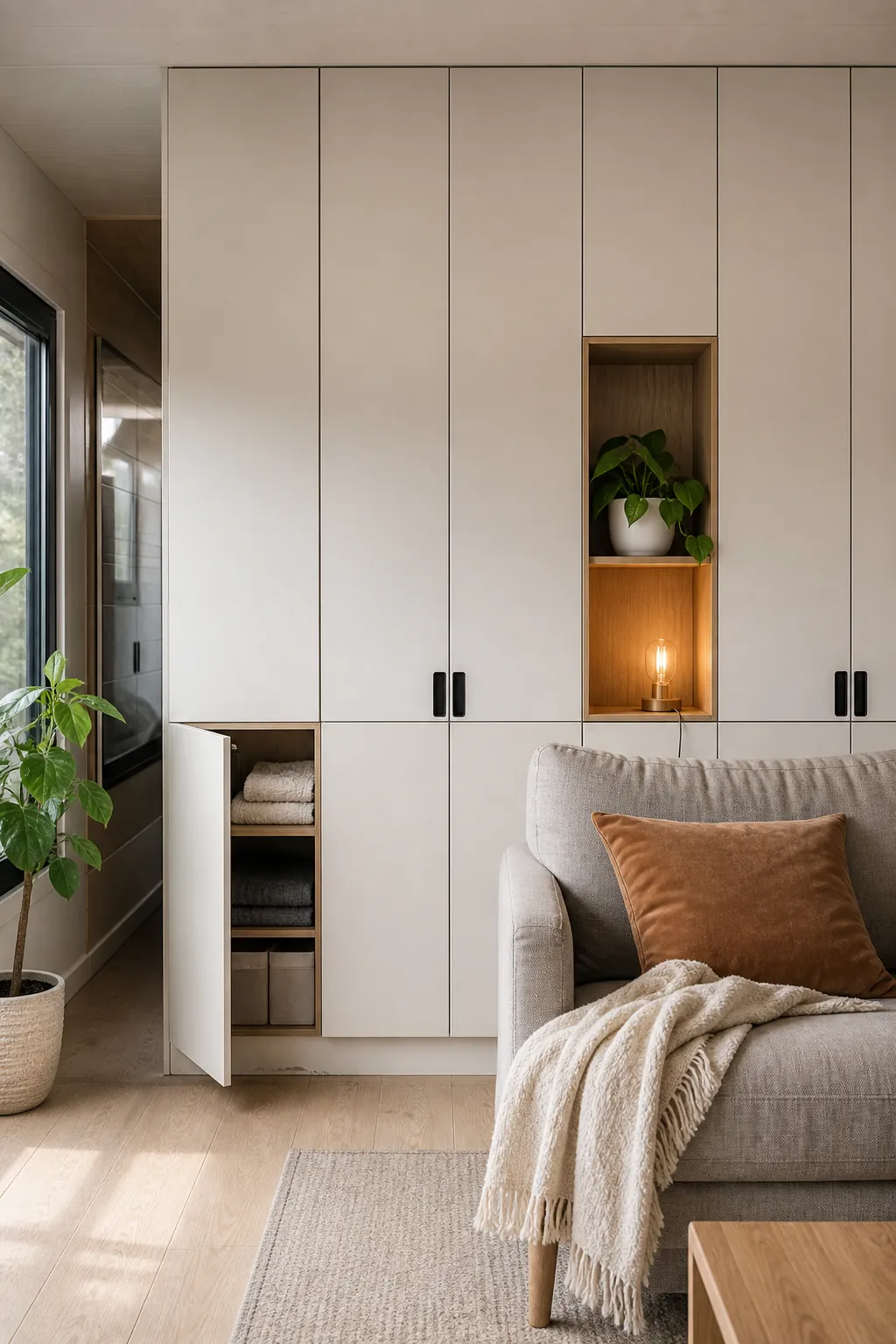 Flat panel hidden cabinet wall in a tiny house with concealed storage doors
