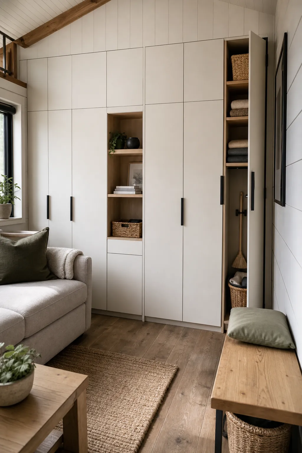 Tiny house interior with a calm hidden storage wall and concealed cabinet panels