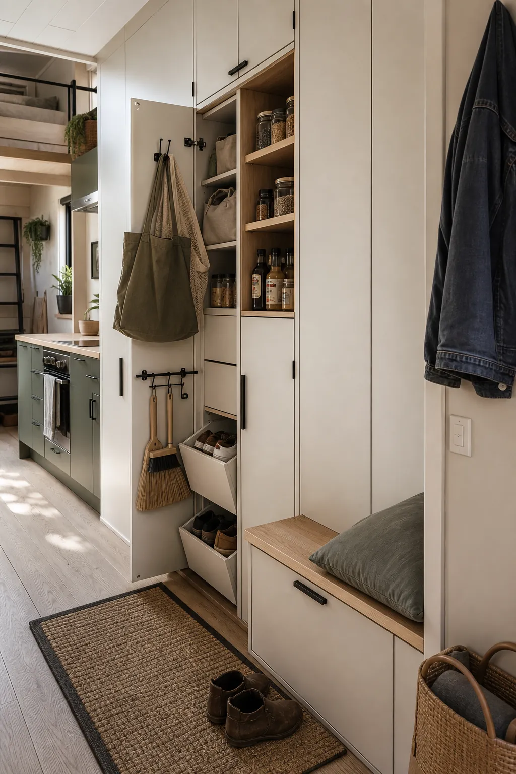 Tiny house hidden storage wall planned around daily routines and clear walkway space