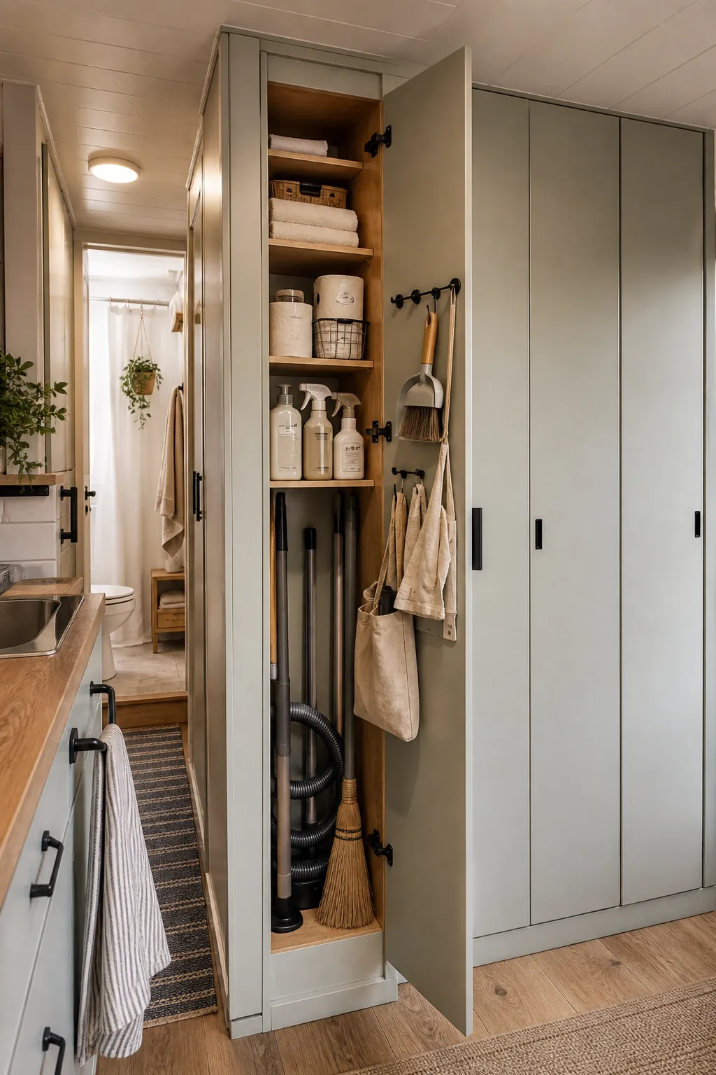 Narrow hidden utility storage wall in a tiny house for broom, vacuum, and cleaning supplies