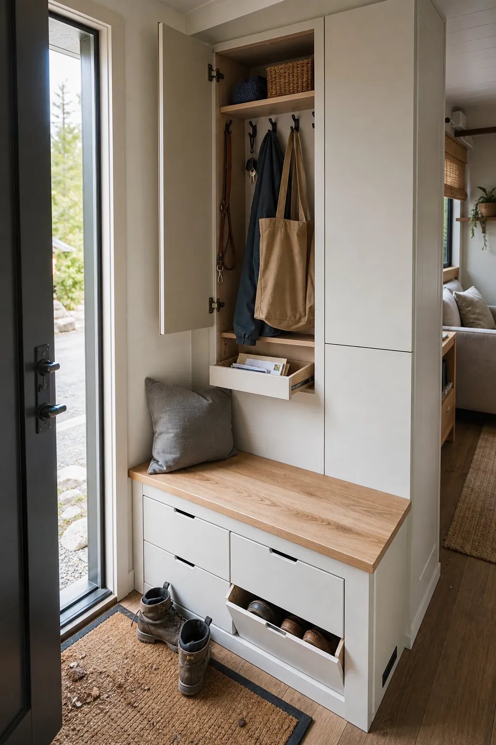 Tiny house entry wall with concealed shoe storage, coat hooks, and hidden drop zone cabinets