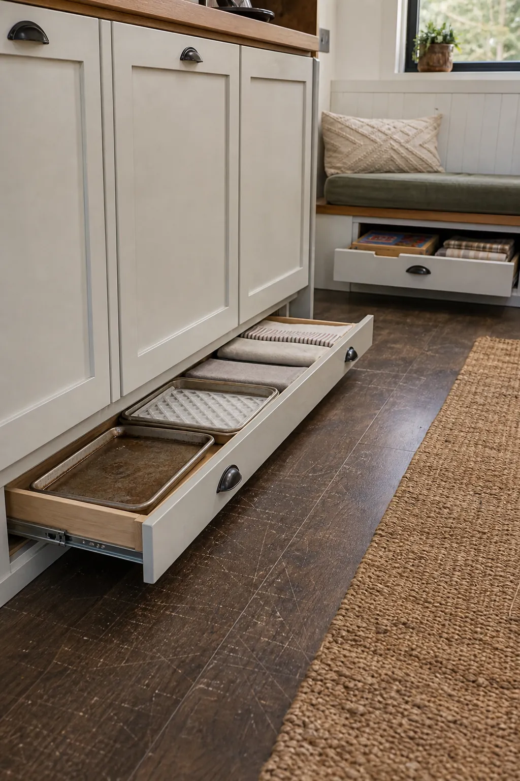 Toe-kick drawers and low hidden wall storage in a tiny house kitchen and living area