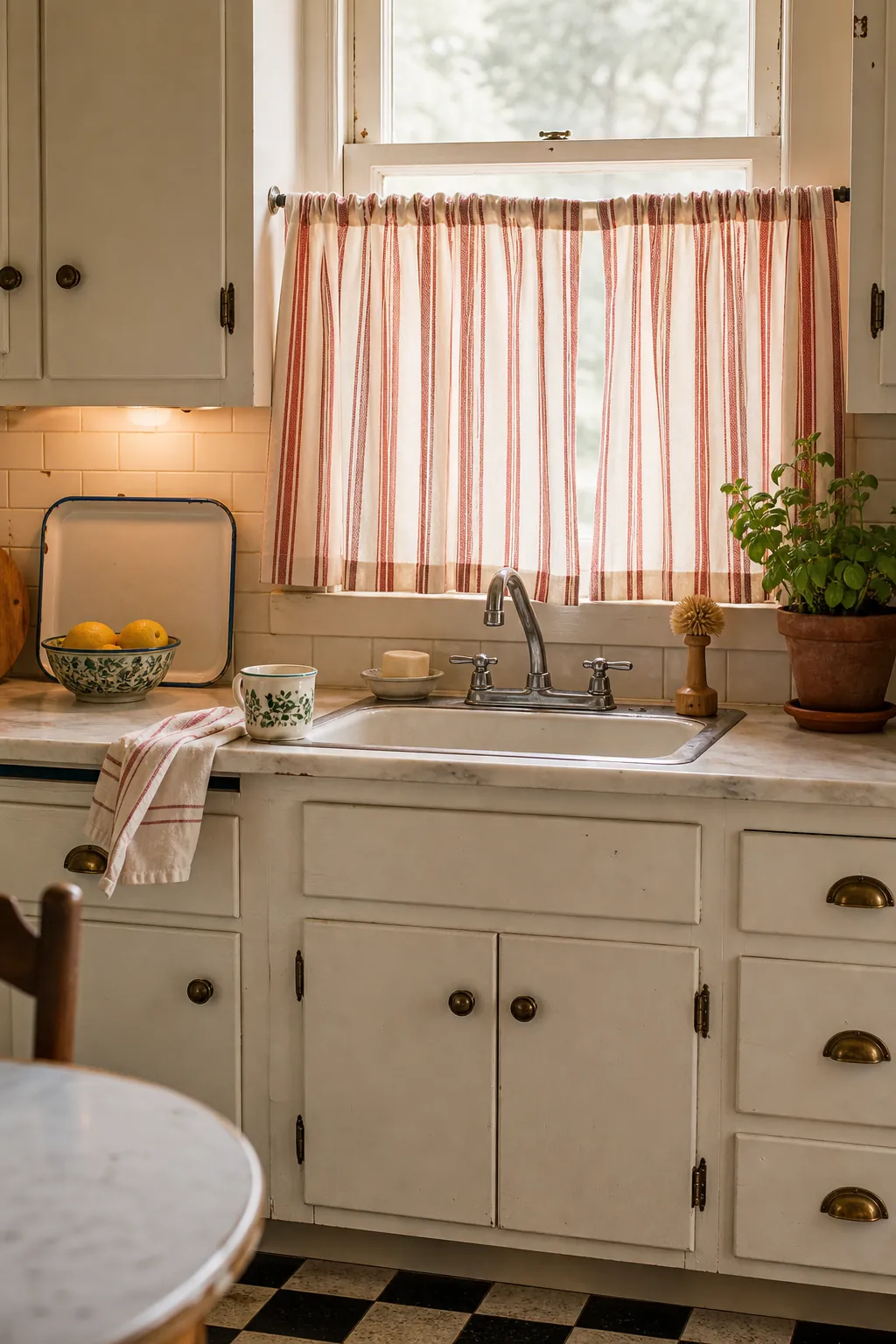 Retro kitchen sink with striped cafe curtains, thrifted mug, enamel tray, bamboo brush, and imperfect tile