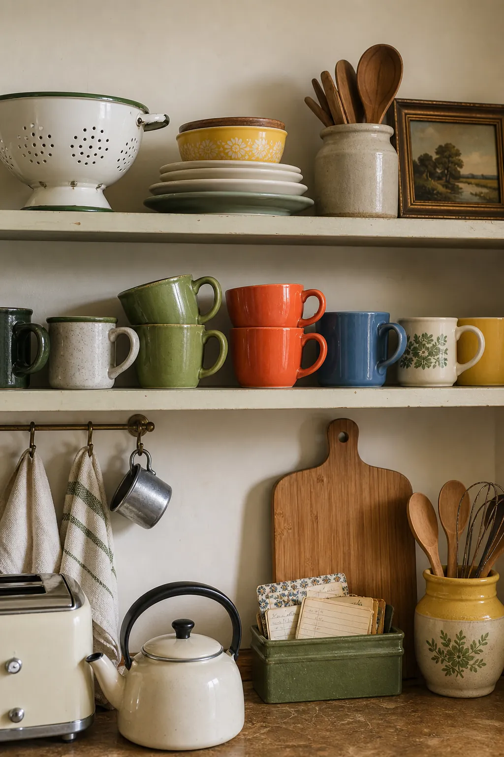 Open kitchen shelf with colorful thrifted mugs, enamel colander, bamboo board, and old recipe cards