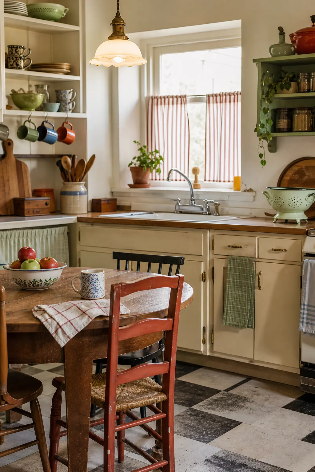 Cheerful retro kitchen with cafe curtains, thrifted mugs, enamel colander, wood table, and warm pendant light