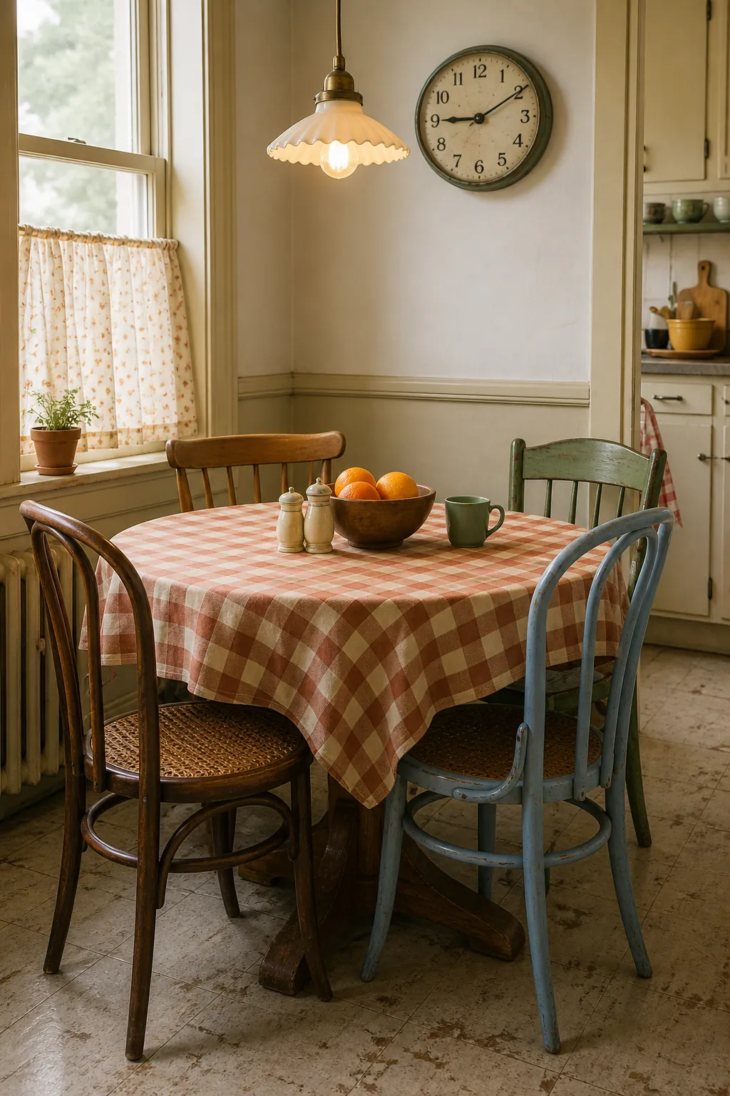 Retro kitchen breakfast nook with round wood table, mismatched chairs, faded wall clock, and pendant light