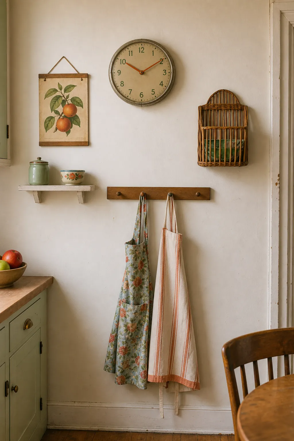 Playful retro kitchen wall with vintage clock, thrifted fruit print, peg rail aprons, and bamboo basket