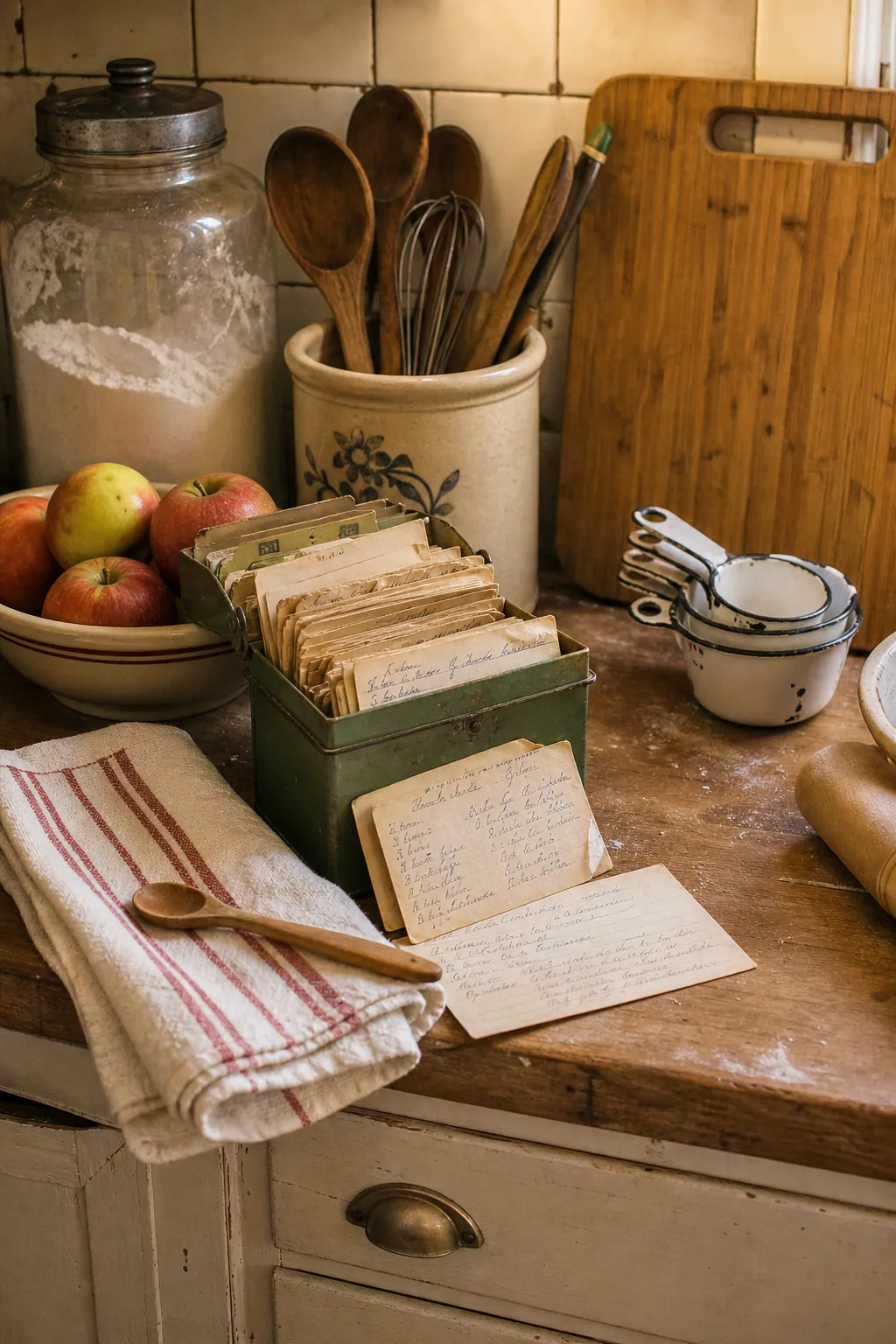 Vintage kitchen counter with old recipe box, enamel measuring cups, crock of wooden spoons, and bamboo board