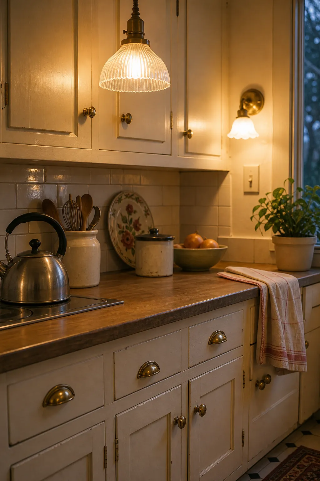 Retro kitchen cabinet hardware and warm glass pendant lighting with painted cabinets and tea towel