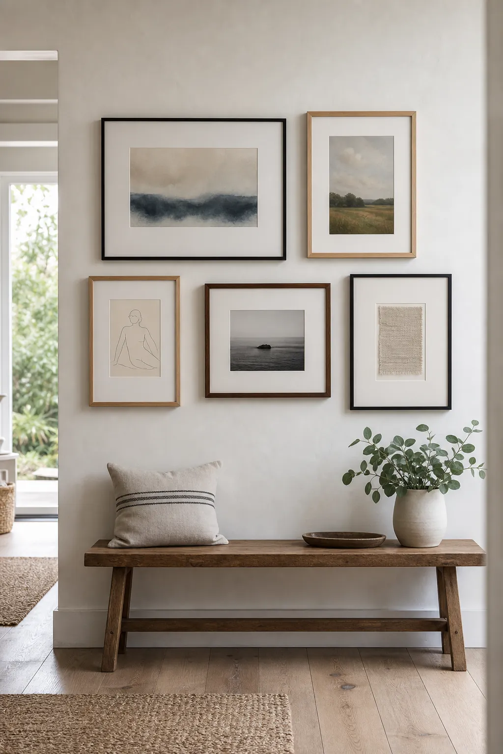 Simple clutter free gallery wall above a bench with calm frames and blank space