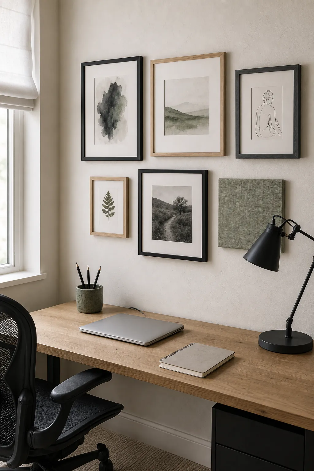 Clutter free home office gallery wall with black white and sage wall art
