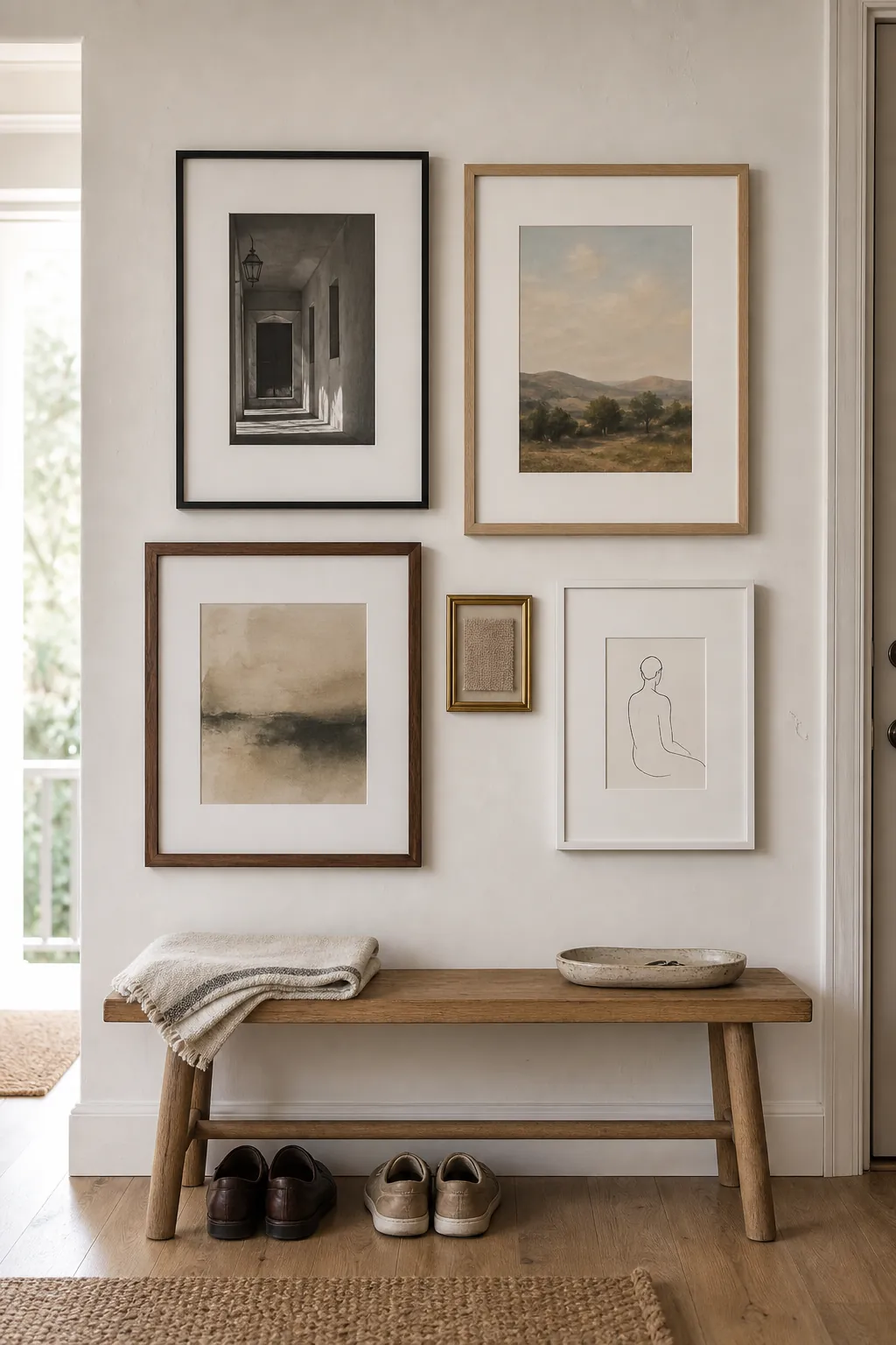 Simple entryway gallery wall with fewer larger frames and generous blank wall