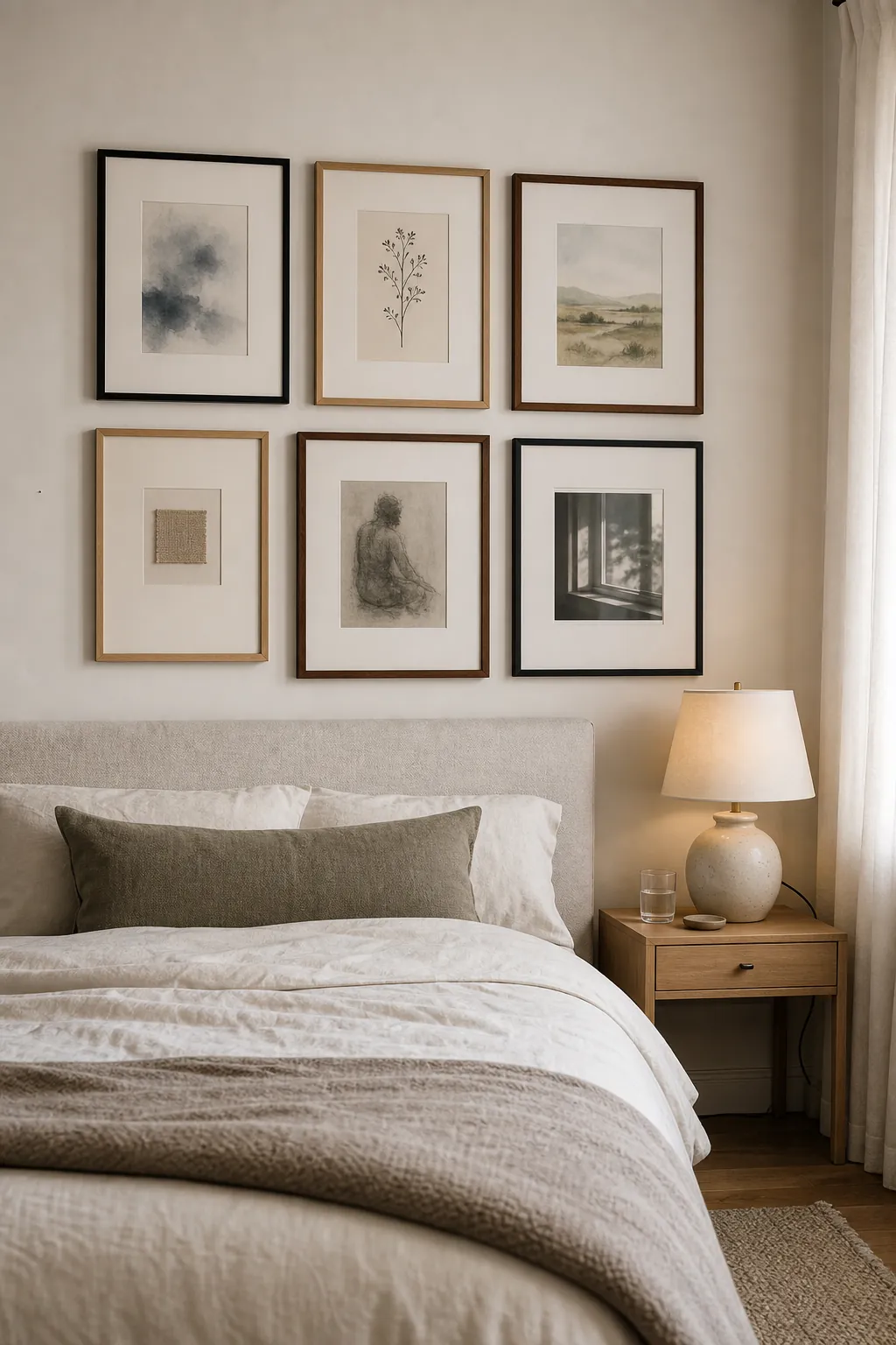 Calm bedroom gallery wall with consistent mats and uncluttered spacing