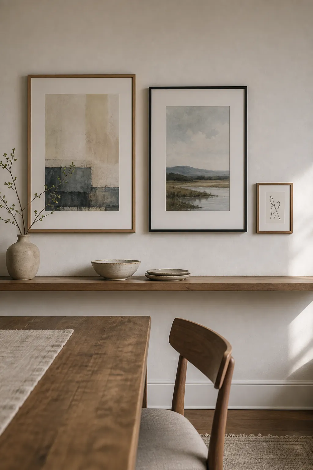 Simple dining wall decor using two large frames and one small companion piece