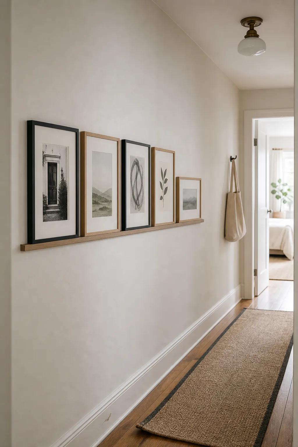 Minimal hallway frame wall aligned along one calm baseline with blank space