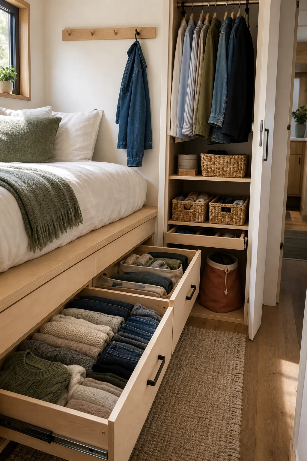 Tiny house clothes storage with under-bed drawers and a compact wardrobe
