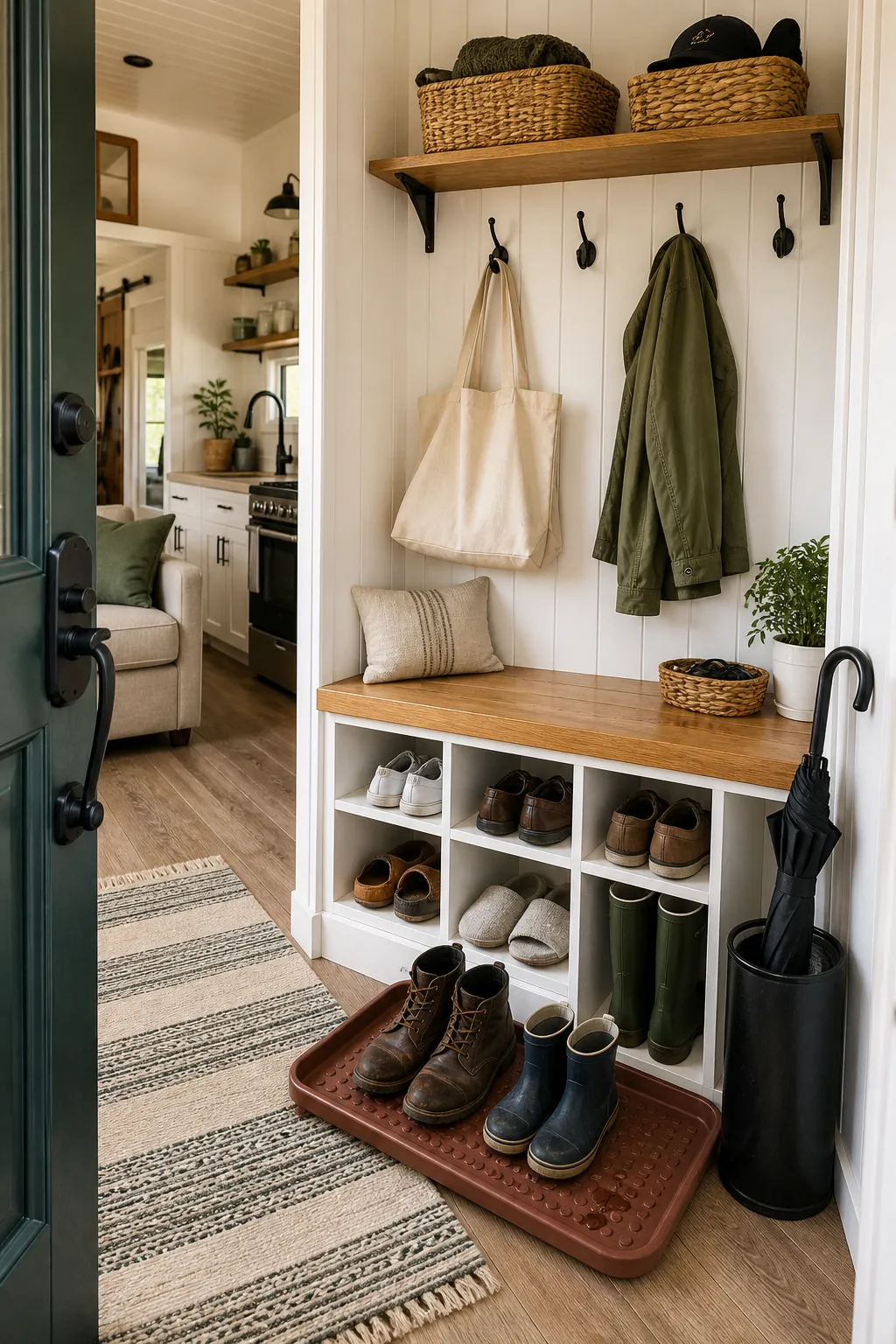 Tiny house shoe storage entry bench with cubbies, hooks, and a boot tray