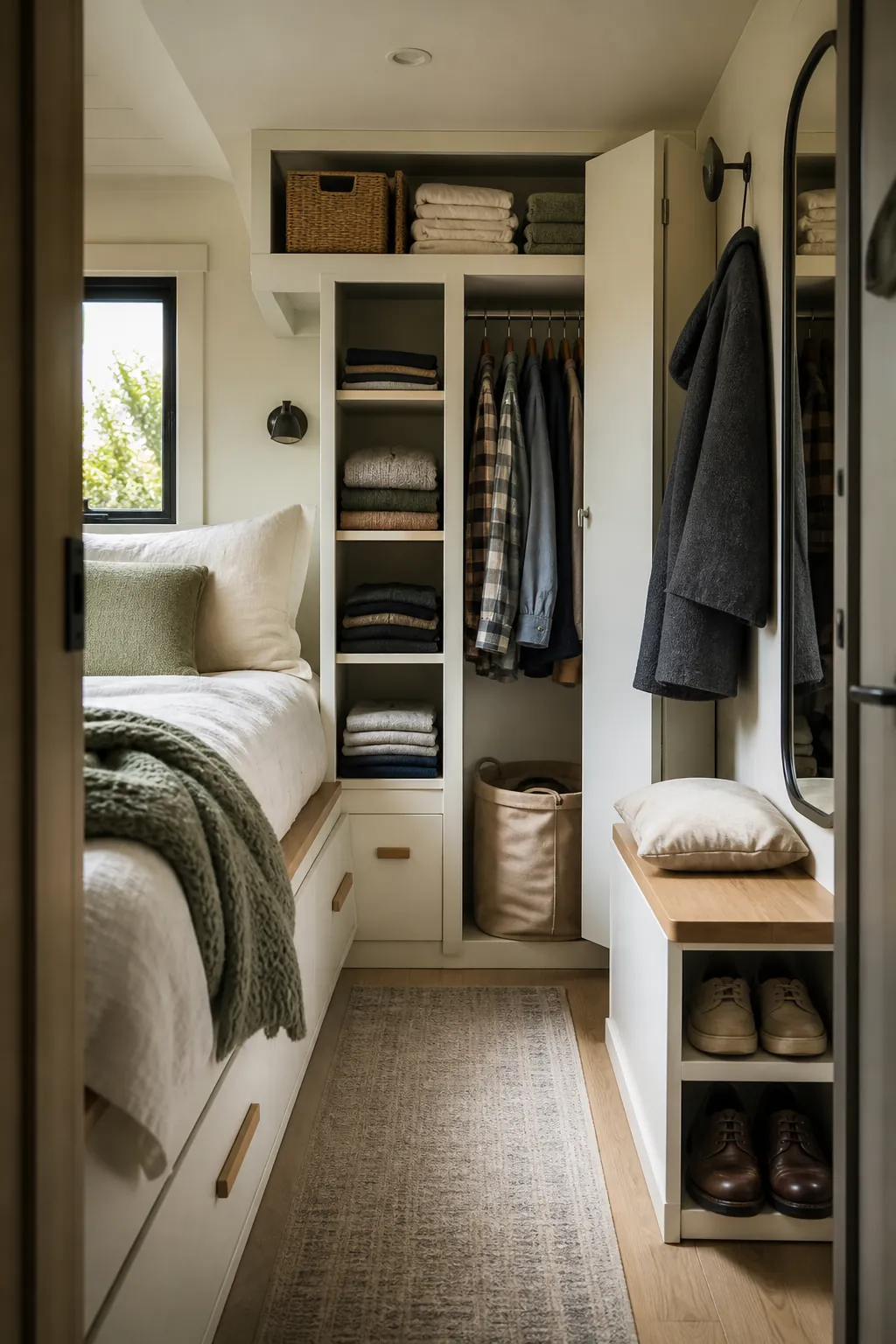 Tiny house storage ideas for clothes, shoes, and linens in a compact bedroom nook