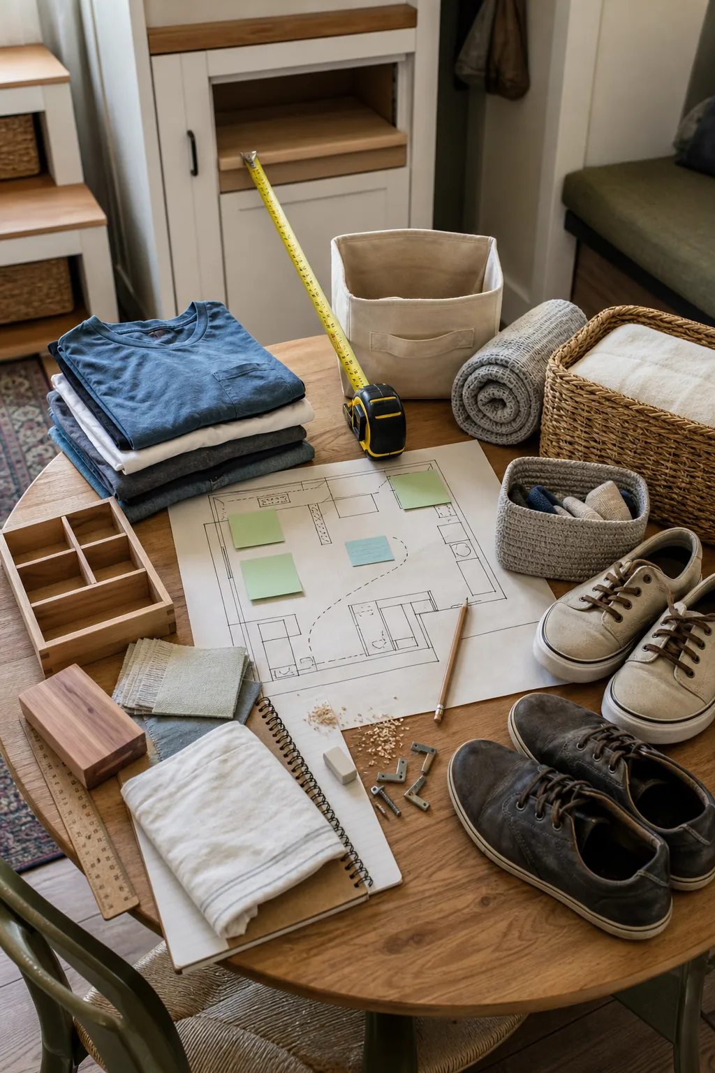 Measured tiny house storage planning table for clothes, shoes, and linens