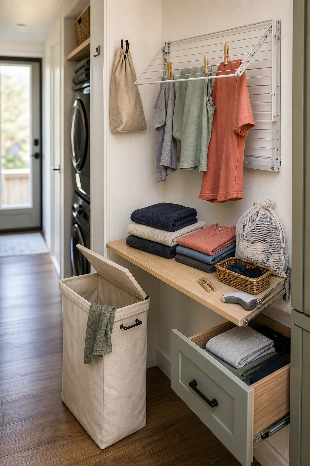 Tiny house laundry rotation station with drying rack, hamper, and folded clothes