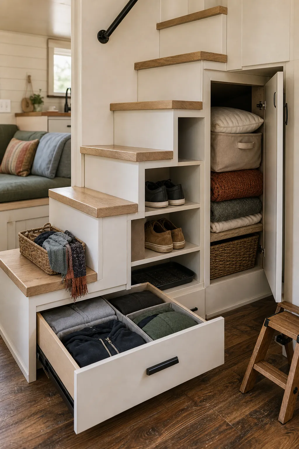 Tiny house built in stair storage for clothes, shoes, and linens