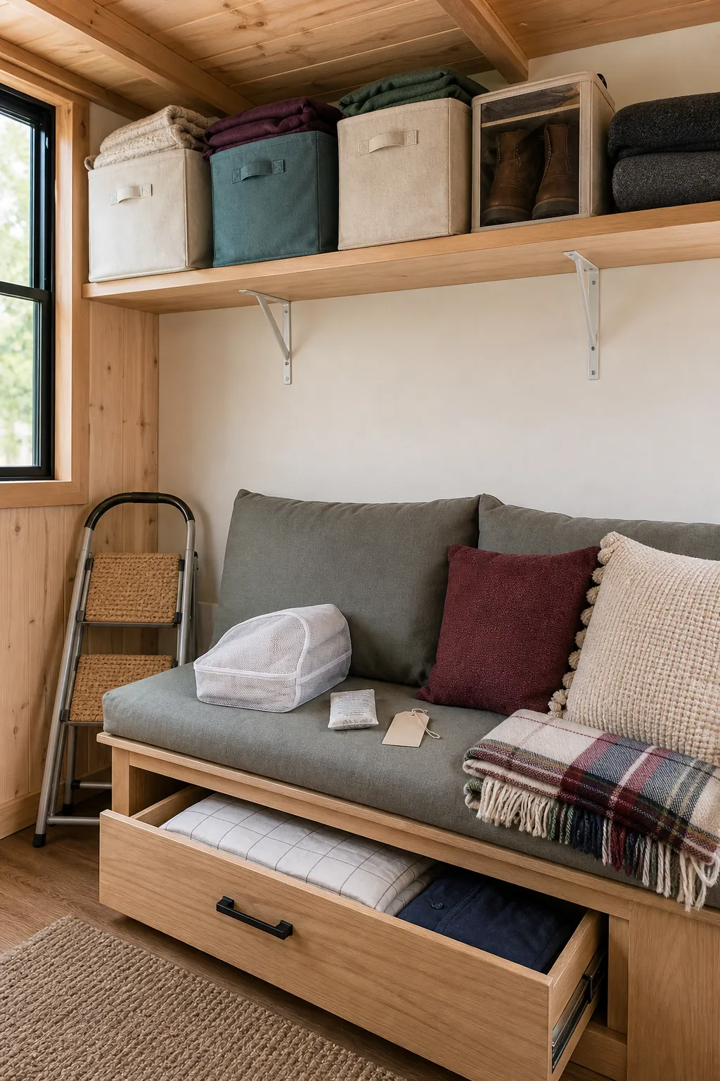Tiny house seasonal storage with high shelves and under-seat linen drawer