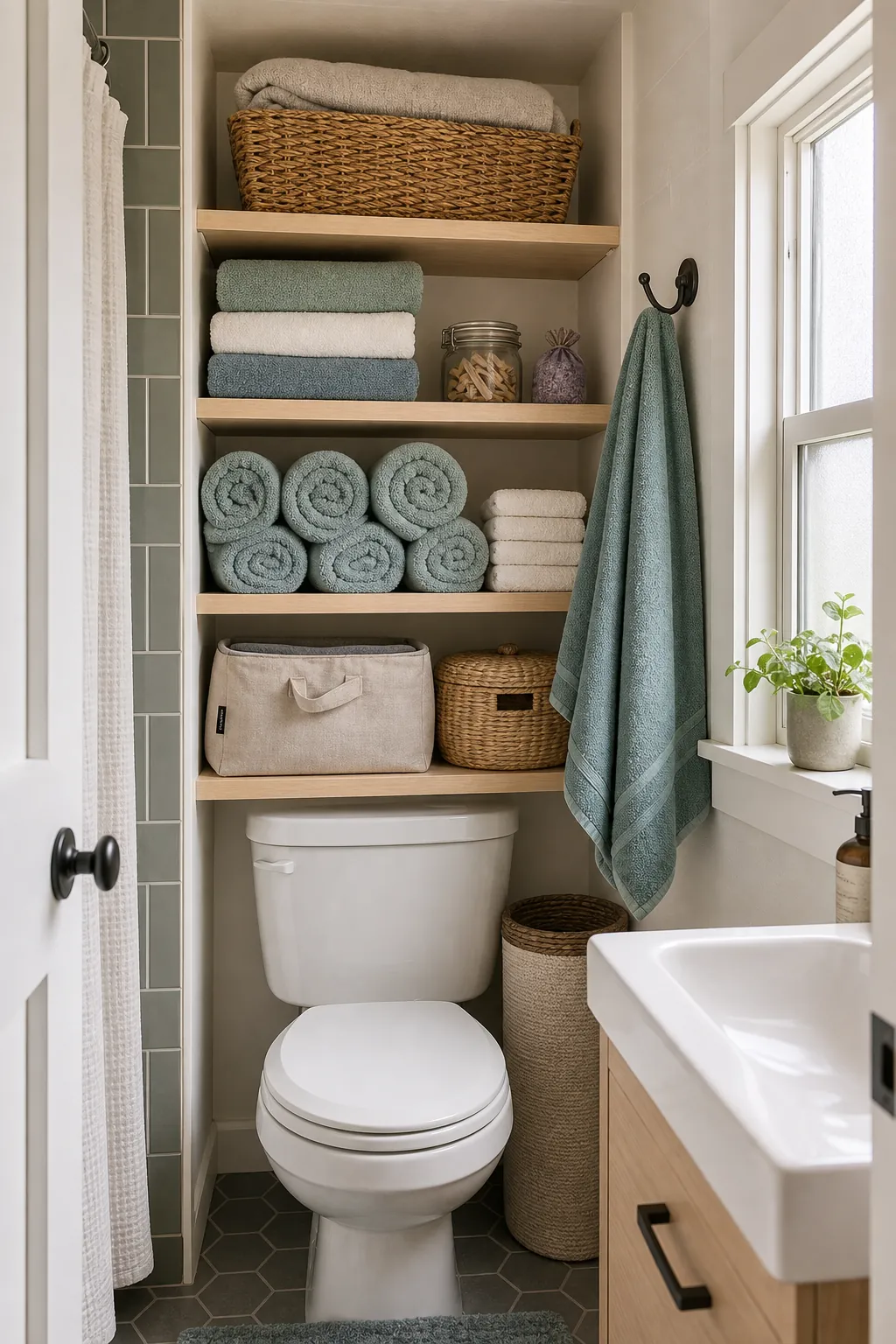 Tiny house linen storage shelves with towels, sheets, and baskets