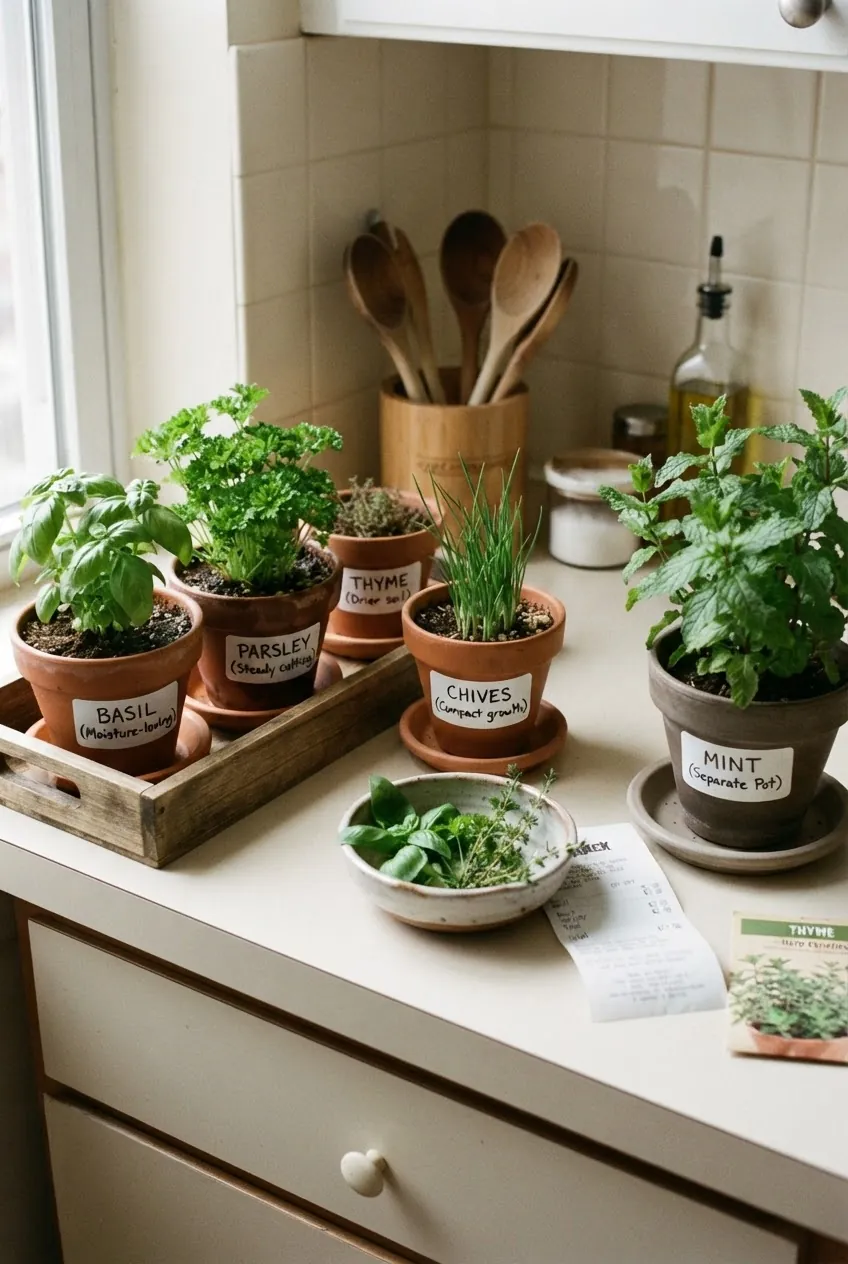 Beginner herb selection with basil, parsley, chives, thyme, and mint in separate pots