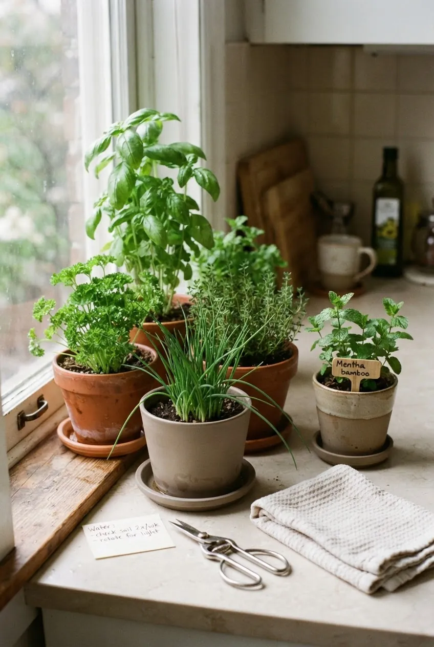 Beginner indoor herb garden with basil, parsley, thyme, and chives in kitchen pots